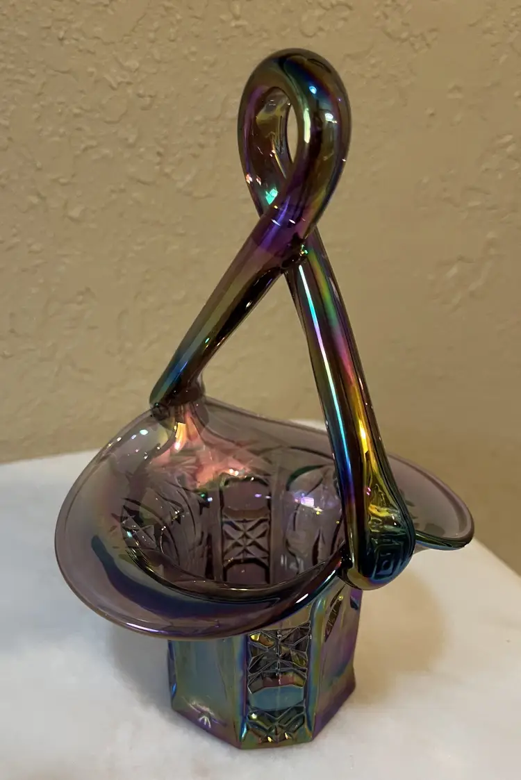 Vintage Fenton Purple Plum Iridescent Twisted Handle Basket 8" X 5"