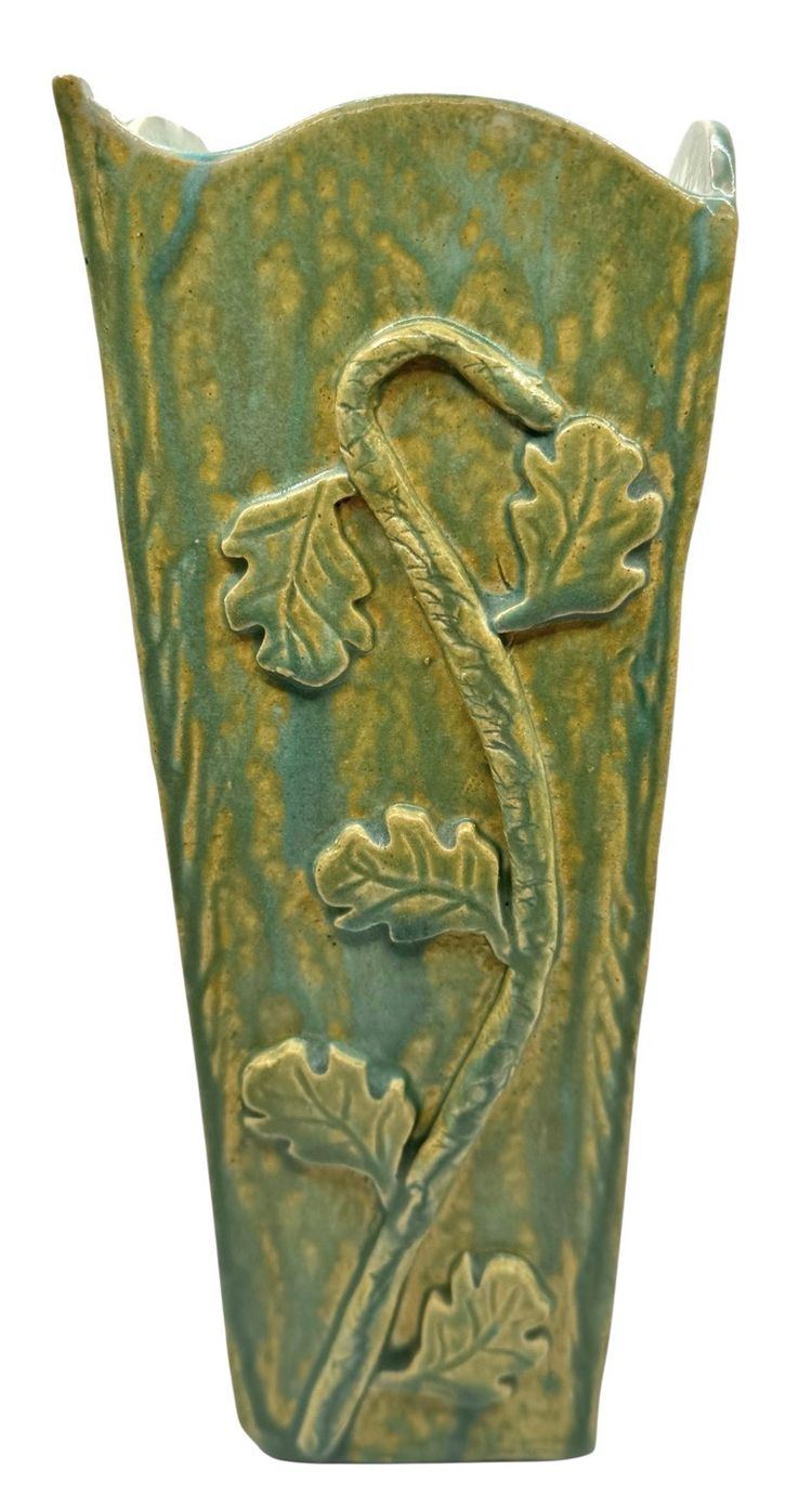 Signed Handmade Studio Art Pottery Vase Oak Leaf Aqua Blue Green Beige 10.5”
