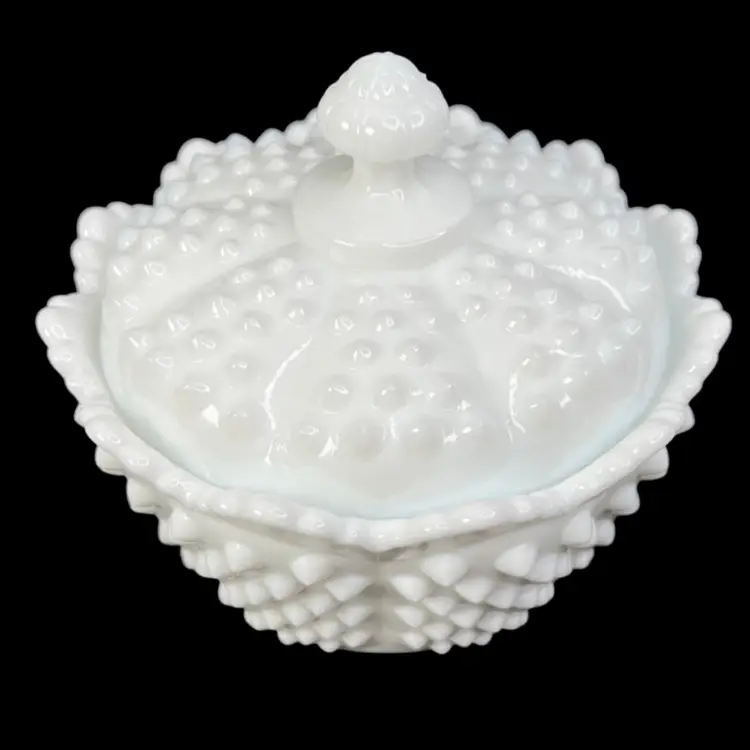 Fenton Hobnail 5-1/4” White Milk Glass Scalloped Lidded Candy Dish. Fenton Embossed On Bottom.