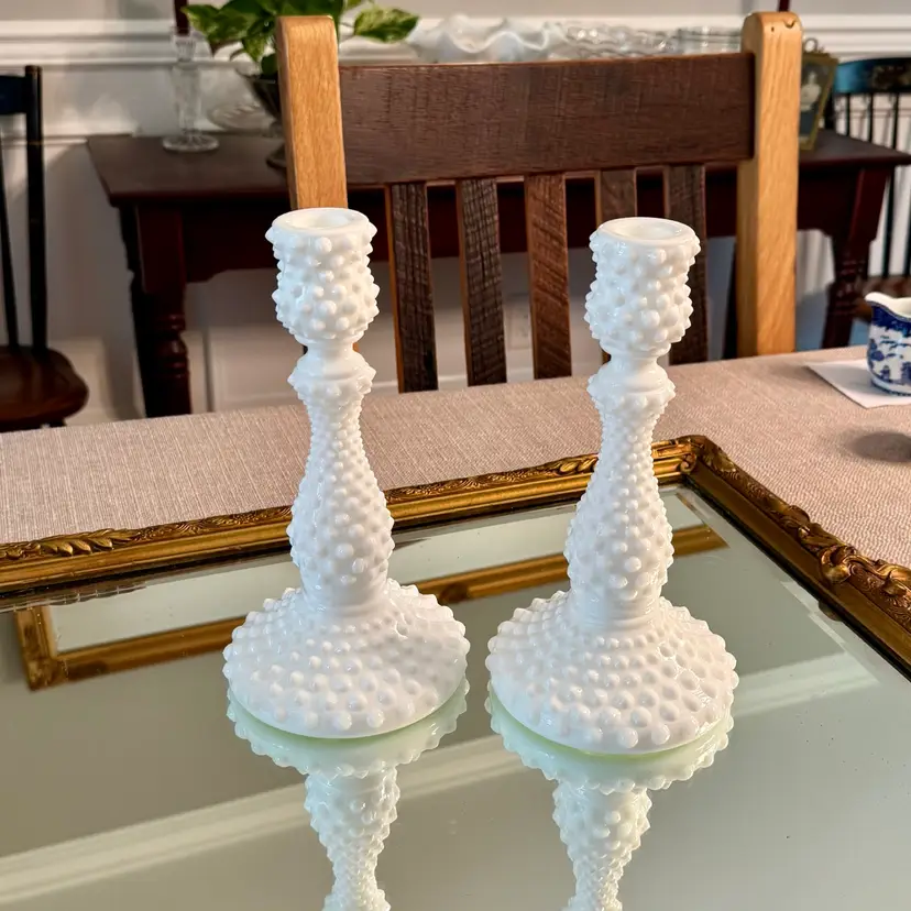 Fenton Hobnail Milk Glass Candlestick Holders- Set Of 2