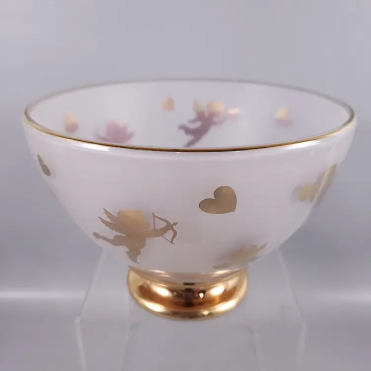 Vintage TELEFLORA Gold Cupid Heart Valentine Frosted Glass Candy DISH BOWL