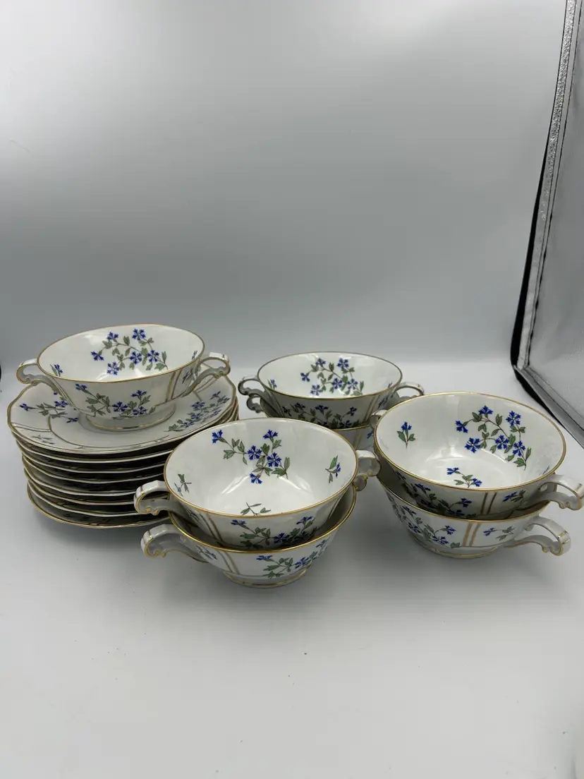 Vintage Bernardaud “Bleuets” Limoges France Set Of 7 Footed Cream Soup Bowls And Eight Saucers