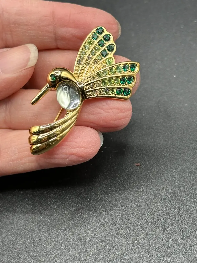 Vintage Monet Green Shades Rhinestone Hummingbird Bird Brooch Pin 2”