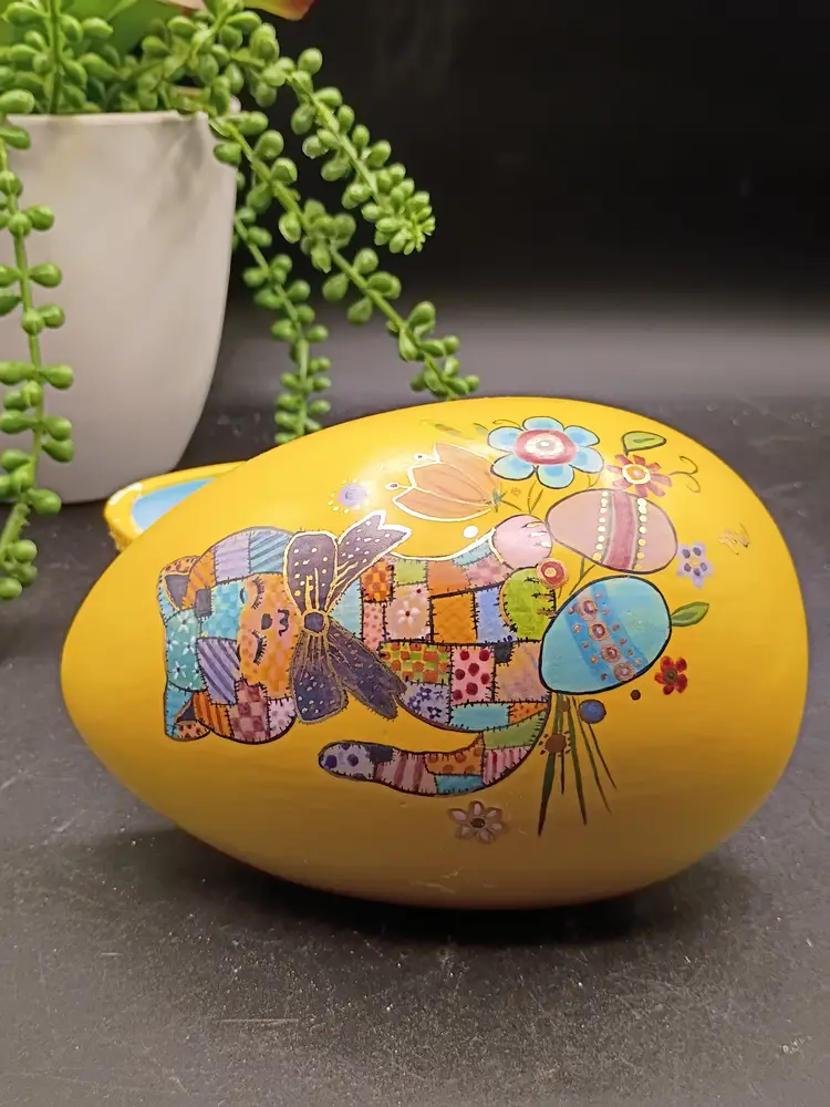 Vintage Handpainted Egg Patchwork CAT Yellow/ White Egg Polka Dots Marie 1970