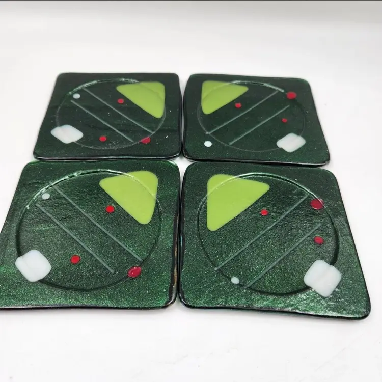 Dichroic Fused Art Glass Iridescent Metallic Green Glass Christmas Coasters