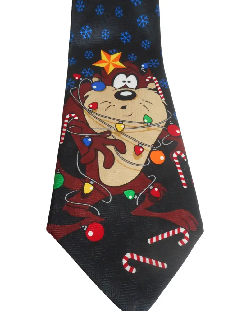 Vintage Looney Tunes Taz Tazmania Devil with lights on black Christmas tie necktie