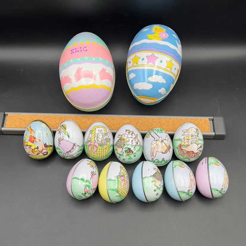 13 Decorated Metal Tin Easter Egg Candy Rabbit Goose Switzerland Lynn Gates