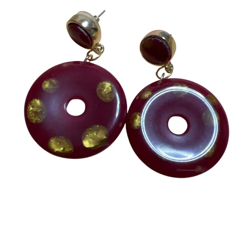 Vintage Red & Gold Lucite Donut Earrings Dangle 2”