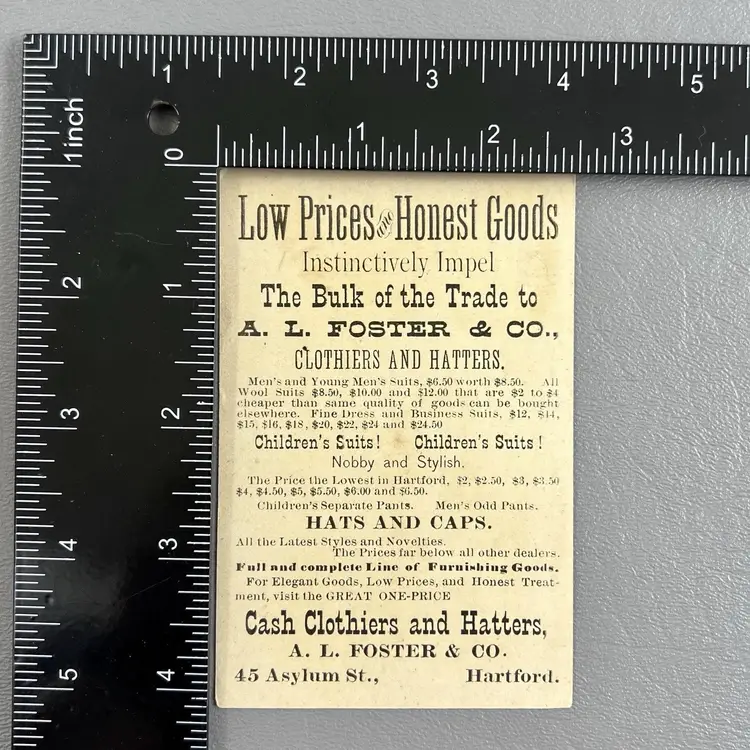 Victorian Trade Card Barefoot Boy Broom Hartford CT AL Foster & Co  Clothier 4x2.75"
