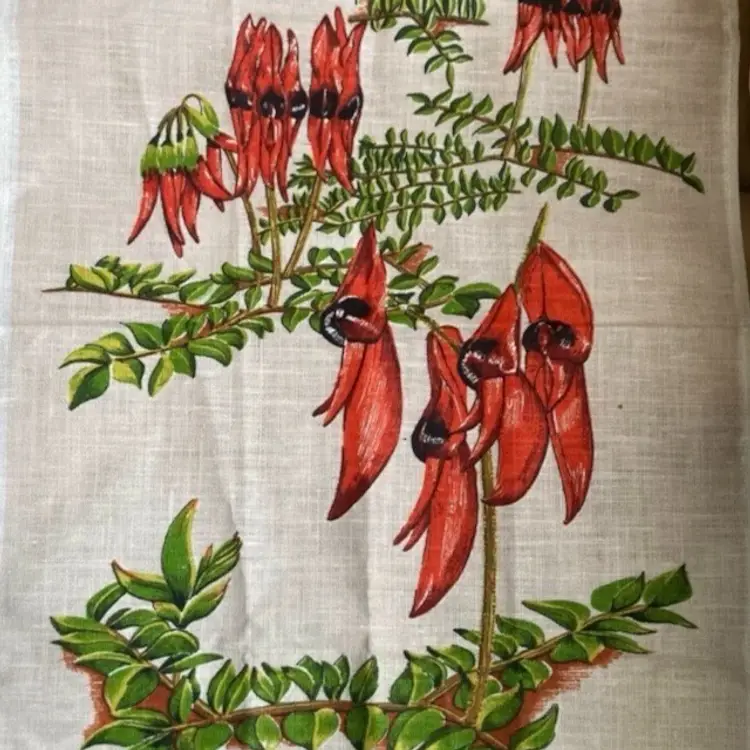 Vintage Tea Towel Pure Linen  Australia Sturt’s Desert Pea flower