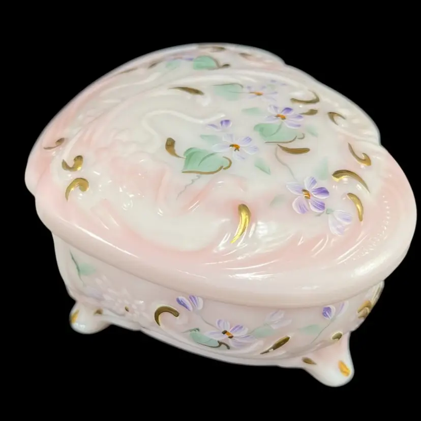 Fenton Hand Painted Rosalene Glass Double Heart Music Box, Hand Painted By Jane Reynolds Fenton Glass Heart Box, Fenton Pink Slag Glass With Gold Accents And Flowers Trinket Box, Vintage Fenton Glass Music Box, Fenton Glass Trinket Box, Valentine’s Day