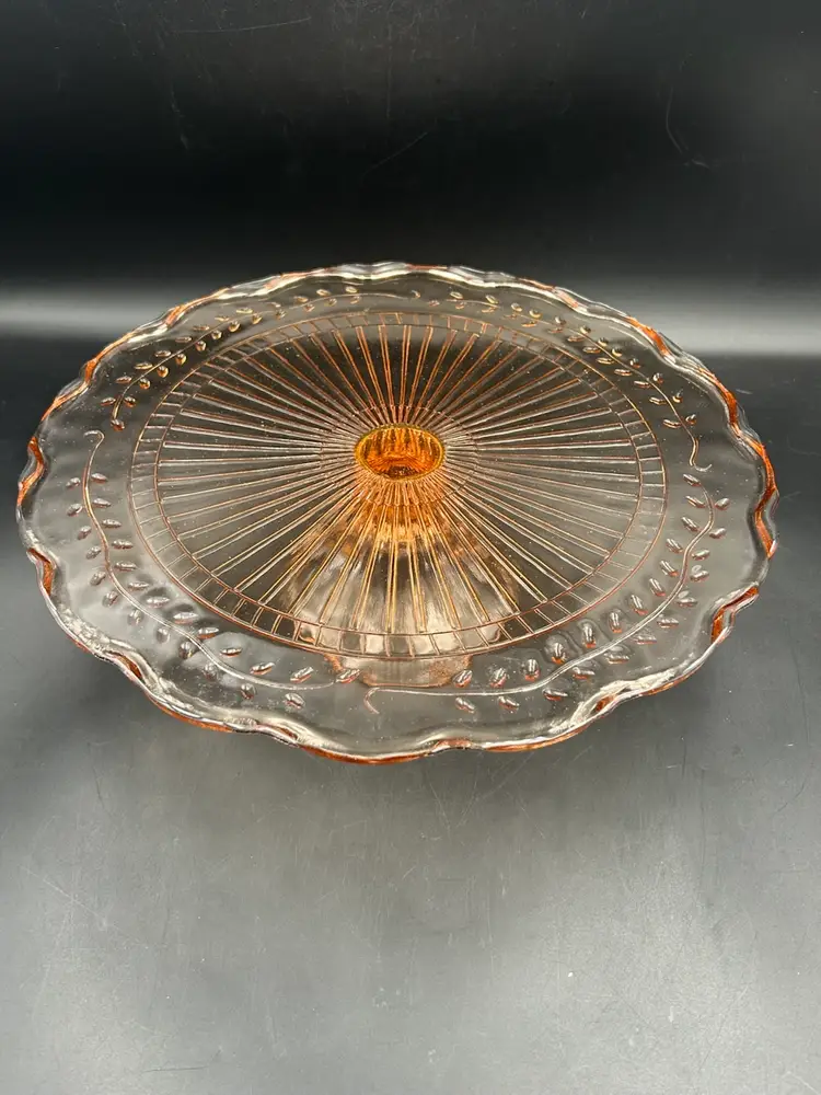 Vintage Jeanette Laurel leaf pink depression glass cake￼ Plate