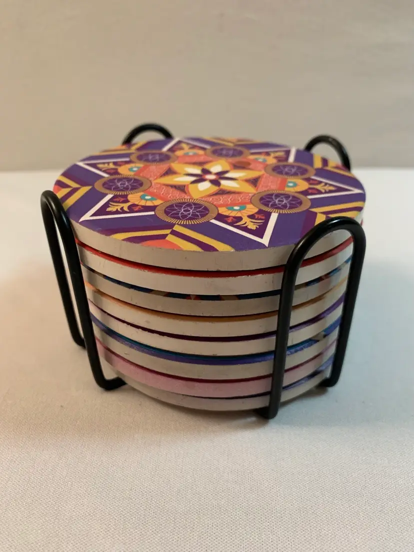 Ceramic Coasters Set of 8 Mandala Round Cork Backed with Metal Holder 4"