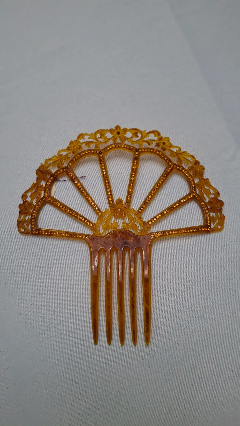 301 🧡 Large Vintage Celluloid Mantilla Hair Comb w/ Amber Rhinestones