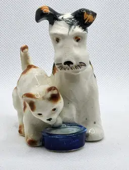 Vintage Nippon Yoko Boeki Terrier Dog & Orange Cat & Water Bowl Figurine