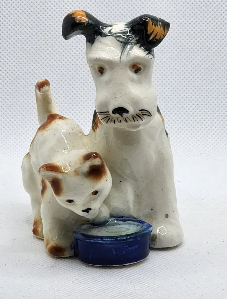 Vintage Nippon Yoko Boeki Terrier Dog & Orange Cat & Water Bowl Figurine