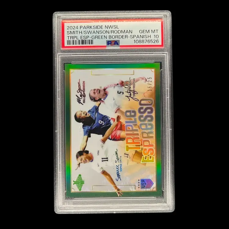 Sophia Smith, Trinity Rodman, Mallory Swanson 2024 Parkside NWSL Triple Espresso Green Border Spanish USWNT PSA 10