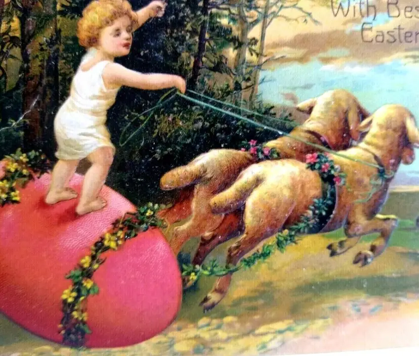 Easter Postcard Fantasy Child Lamb Egg Buggy Embossed Vintage 5837 PF Germany
