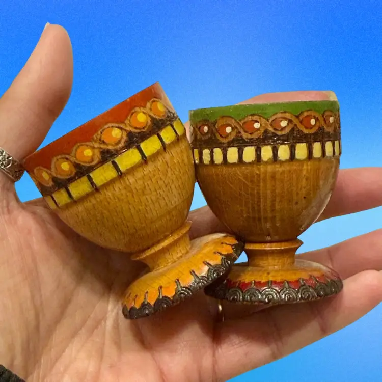 Lot (2) Vintage Folk Art Hand Carved & Painted Bavaria Egg Cups 2.25”x 1.75”