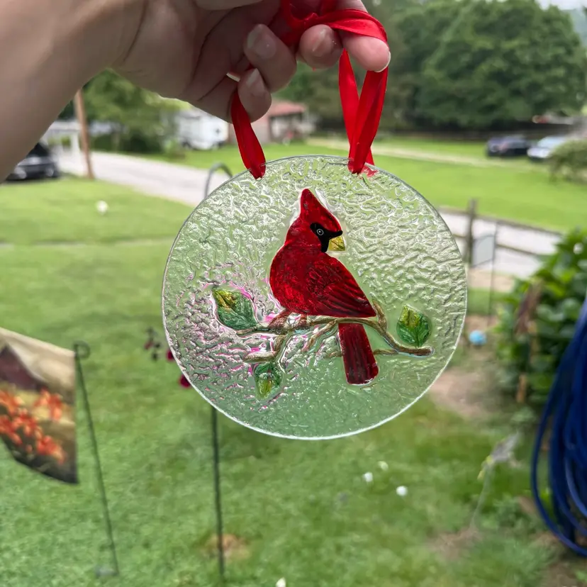 Vintage Red Cardinal Stained Glass Suncatcher 6x6 Hanging Decor Christmas
