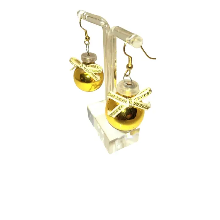 Christmas Ornament Earrings Gold Ball Gold White Bow Gold Ear Wires