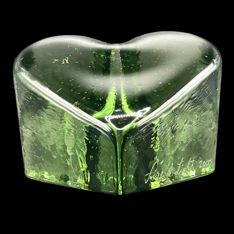 VTG 2000 Fire and Light Heart Paperweight Recycled Glass Celery Green Signed