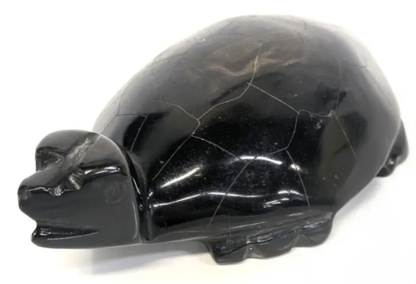 Hand-Carved Black Stone Turtle Figurine, 6" Long, Polished Decorative Sculpture