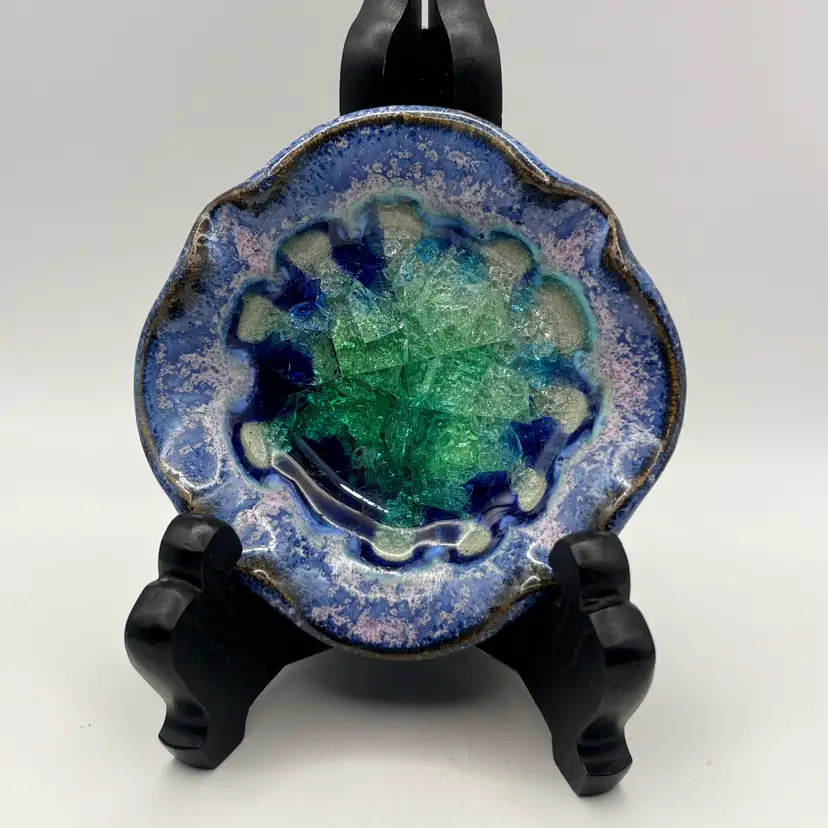 Handmade studio pottery trinket dish with crystal glaze