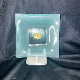 Felt Art Glass Kiln Formed Frosted Teal  Dish Carved Crown Design 23k Gold Leaf Signed