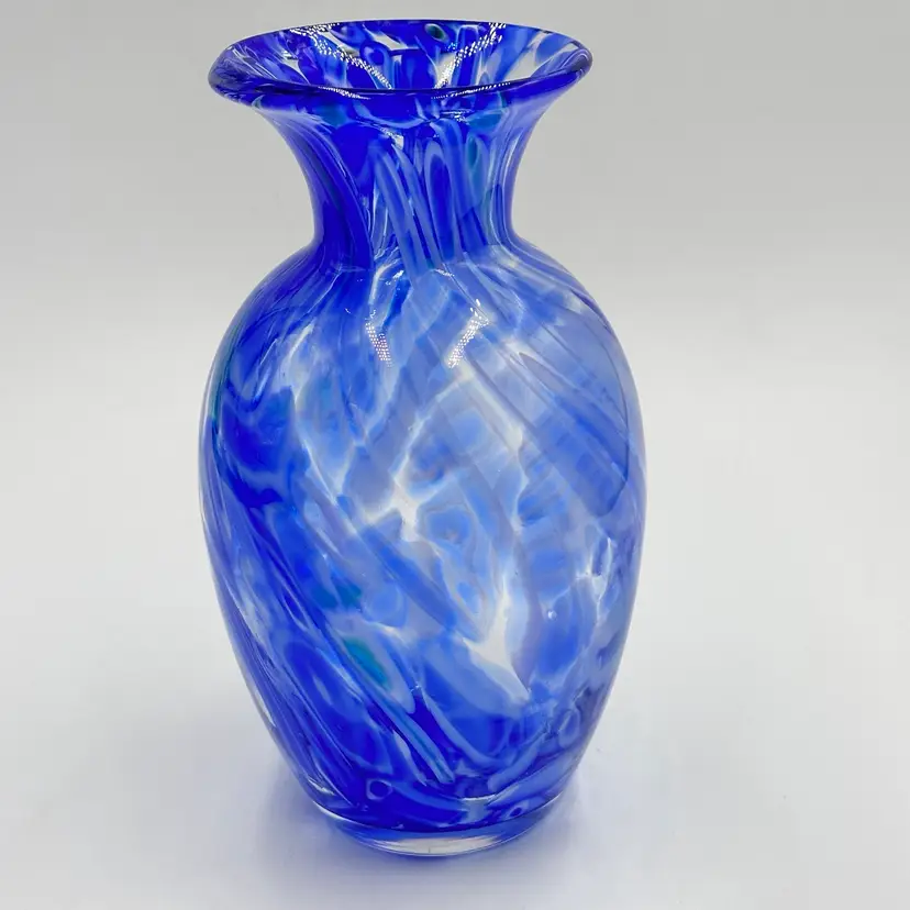 Hand Blown Art Glass Vase Cobalt Blue & White Swirl Mottled Swirl 8 Inch