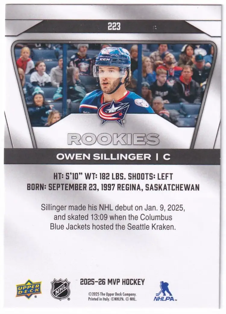 2025-26 Upper Deck MVP #223 Owen Sillinger SP RC Columbus Blue Jackets Hockey Card