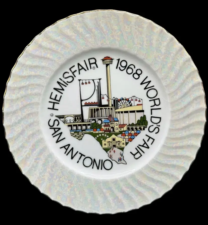 Vintage Porcelain Souvenir Plate San Antonio Texas Worlds Fair Hemisfair 10.25”