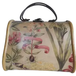 Vintage Wooden Floral Handbag Purse - Estate Find Beige Green Pink