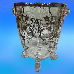 BARWARE Vtg Elegant Clear Glass Ice Cube Bucket With STERLING SILVER Overlay 7”x 5” With Handle And Tongs (not Original Tongs)Footed