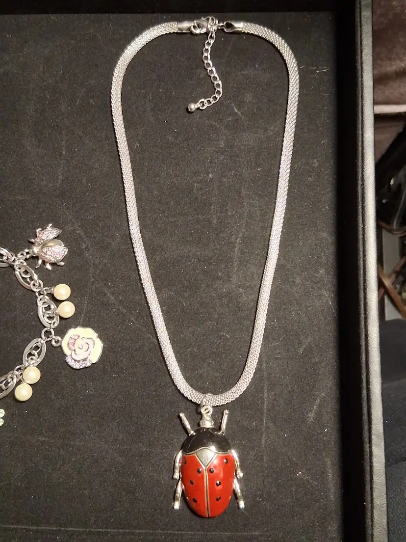 Silver-toned Enamel Ladybug With Silver Mesh Necklace