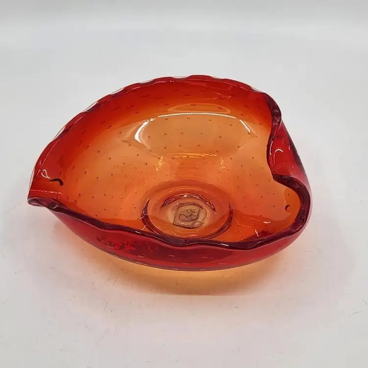 Vintage Brinns Japan Amberina Red-Orange Teardrop Art Glass Candy Dish Bowl