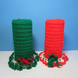lot of 2 hand crochet candles red and green Christmas decor 9" tall