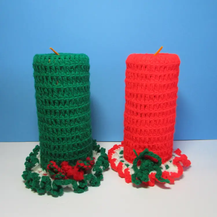 lot of 2 hand crochet candles red and green Christmas decor 9" tall