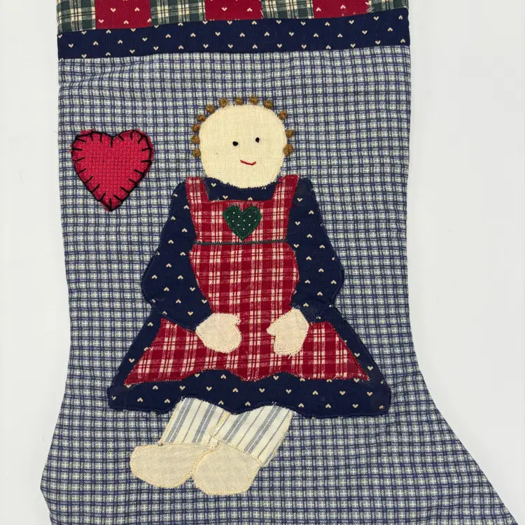 Vintage Christmas Stocking Quilted Patchwork Doll Heart Applique