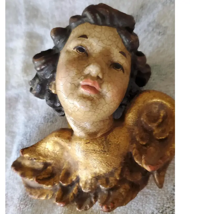 Antique Carved Painted Wood Angel/Cherub Hanging Wall Art