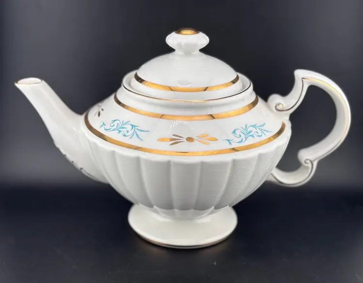 MCM ELLGREAVE Ironstone Teapot Gold & Turquoise Blue Details Made in ENGLAND