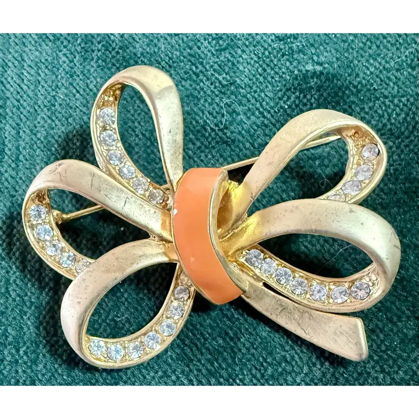 Vintage Roman Gold Tone Clear Rhinestone Bow Brooch Pin