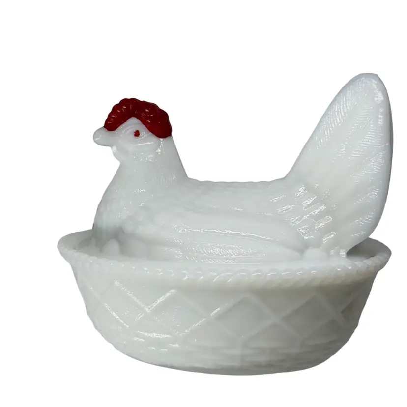 Westmoreland Hen On Nest Milk Glass Red Comb 5.5" Split Tail•Vintage Covered Dish