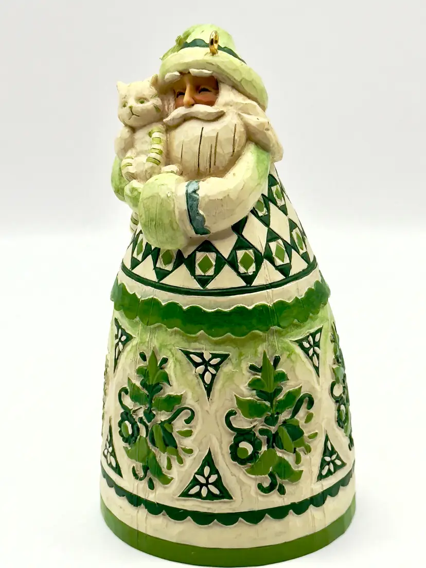 Christmas 2004 Hand-Painted Toile Green Santa Claus with Cat Ornament Bell, Green and White Design, Designed By Jim Shore, By Enesco, Made In China, MPN 117695 Heartwood Creek Collection