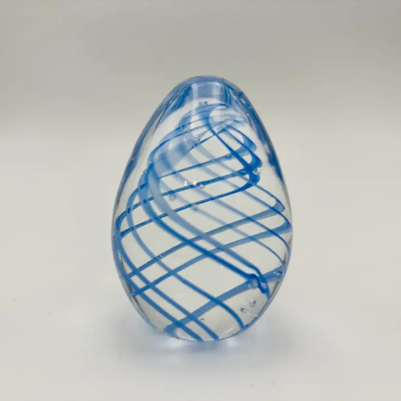 Vintage Decorative Art Glass Egg Paperweight Blue Ribbon Swirl Hand Blown 2.5 in