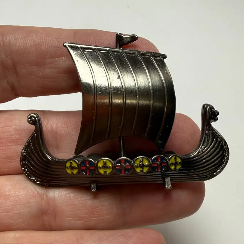 Vintage Mini Pewter Viking Ship Enamel Inlays Metal Ship Boat Scandinavian Decor