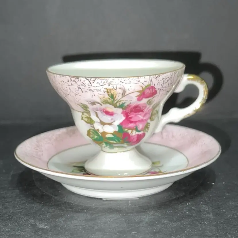 MARKDOWN! Norleans Japan Pedestal Pink Roses Tea Demi Cup & Saucer Set, Cup ~2.25β x 3.75β x 3.25β, Saucer ~0.75β x 4.75β diameter