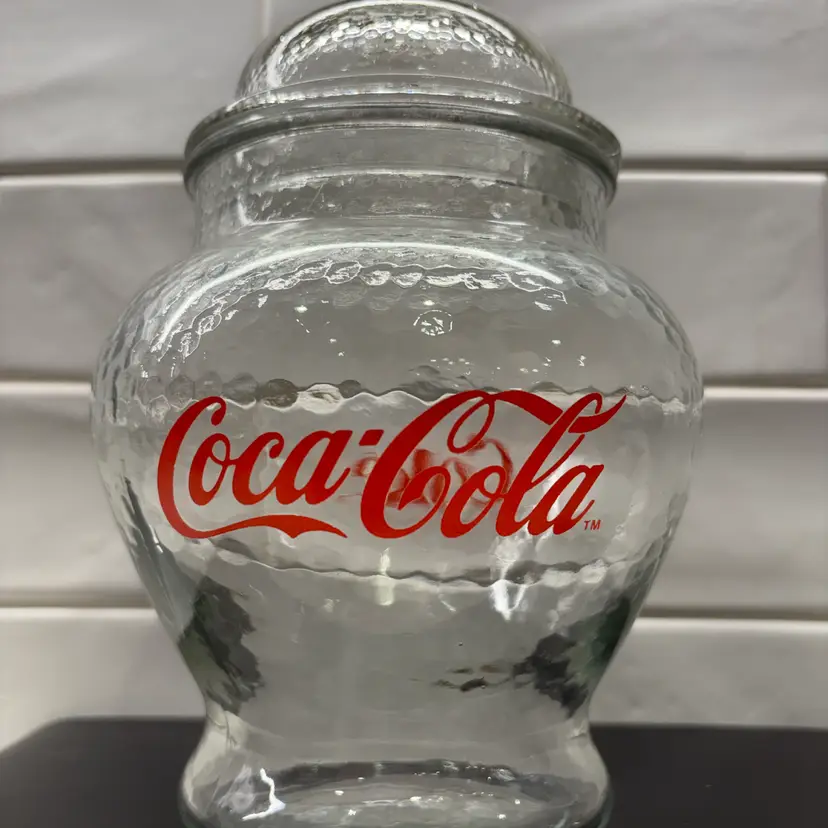 Vintage Coca-Cola Glass Cookie Jar / Canister – 9” Hammered Glass