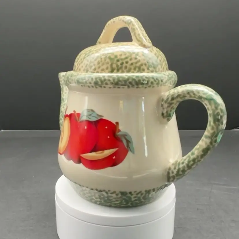 1990s Tender Heart Treasures Red Apple & Spongeware Ceramic Teapot