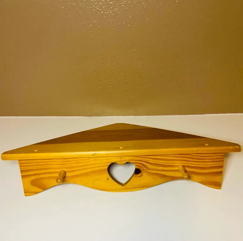 Vintage Wooden Heart Corner Shelf with Pegs Country Rustic Shabby Chic CottageCore